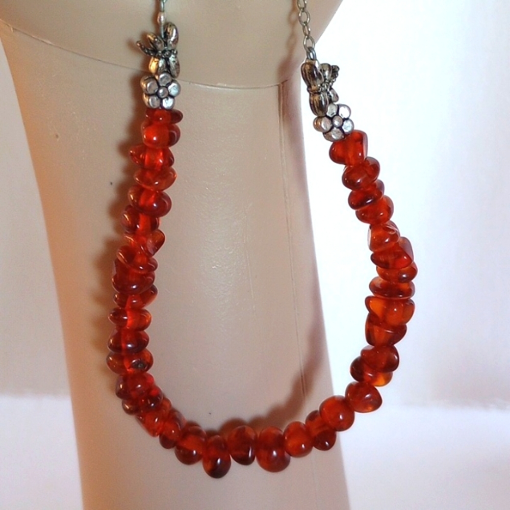 BALTIC AMBER NECKLACE 19 " LONG SILVER PLATED FLOWERS DRAGONFLY - Picture 3 of 6